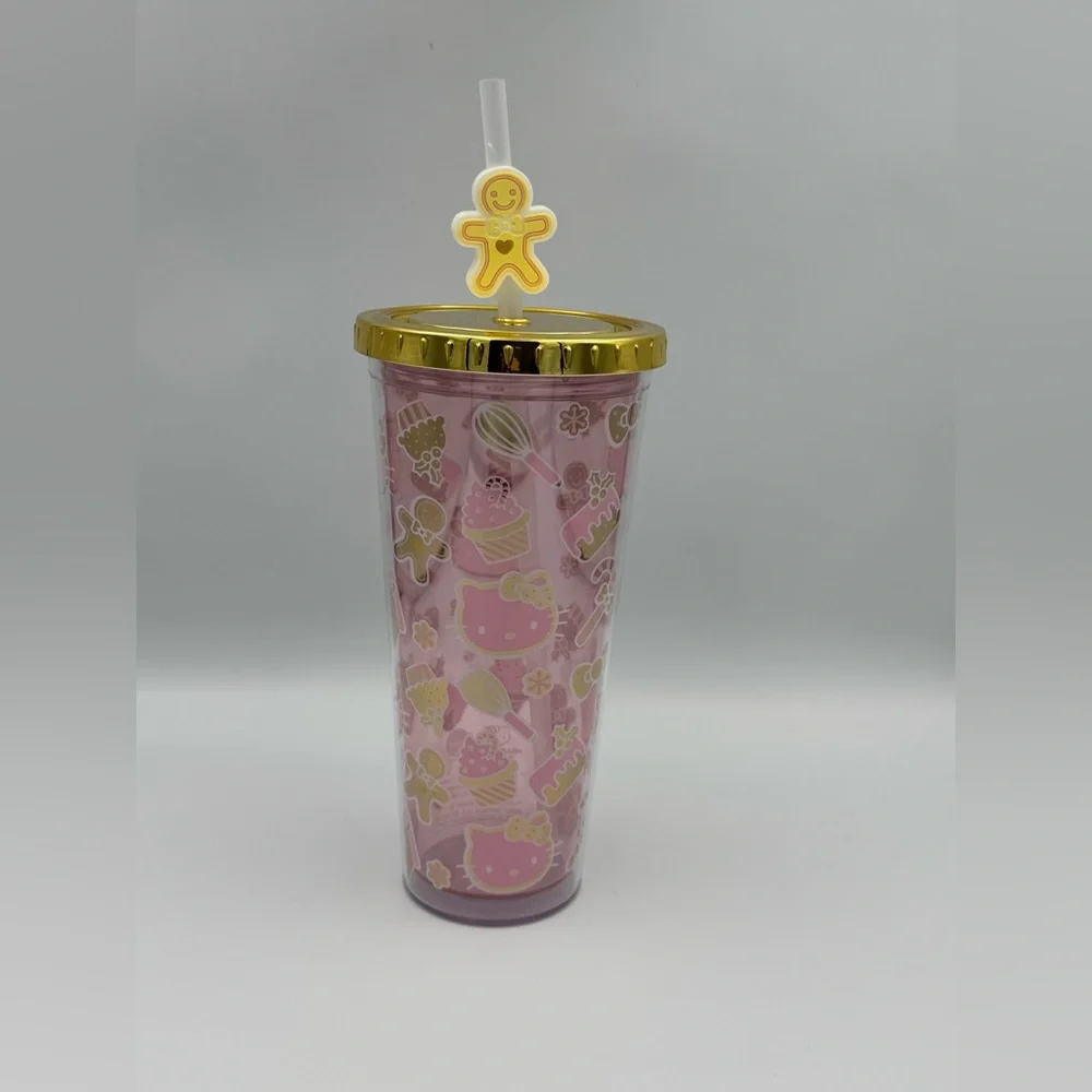 Hello Kitty Pink Christmas Tumbler Gold Lid‎ Gingerbread Straw 24oz